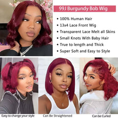 Body Bob Wig 99J Burgundy Body Wave Human Hair 13X4 Lace Front Wigs HD Lace Frontal Wigs Pre Plucked Frontal Wigs Human Hair