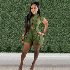 Echoine Short Sleeve Bandage Lace Up Playsuit Skinny Bodycon Hollow Out Sexy Bodysuit Rompers Party Clubwear Outfits Summer Hot