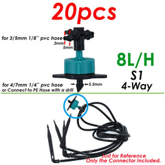 KESLA Garten-Tropfbewässerungssprinkler, 1/8 Zoll, 4-Wege-Wasserrohranschluss, 4/7 mm bis 3/5 mm Schlauchbiegung, Pfeilemitter, Bewässerungstropfer