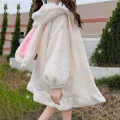 Hoodies Women Large Size Solid Zip-up Long Lantern Sleeve Hooded Rabbit Ears Lolita Cute Sweet Girls Harajuku Style Warm Baggy