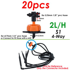 KESLA Garten-Tropfbewässerungssprinkler, 1/8 Zoll, 4-Wege-Wasserrohranschluss, 4/7 mm bis 3/5 mm Schlauchbiegung, Pfeilemitter, Bewässerungstropfer