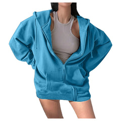 Blue Zip Up Hooded Sweatshirts Women 2022 Vintage Pockets Oversized Jacket Coat Autumn Female Y2k Long Sleeve Hoodies Mujer