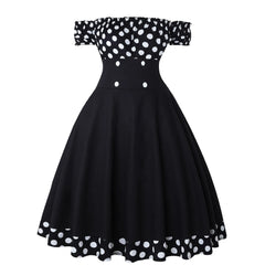 Elegant Vintage Hepburn Dress Women Black Red Off Shoulder Sleeveless A-Line Dress Female Retro Rockabilly 50s Polka Dot Dress