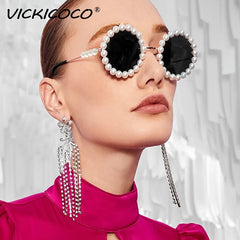 Pearl Round Sunglasses Women Small Frame Oval Vintage Sunglasses Luxury Brand Designer Elegant Retro Steampunk Sunglasses Men