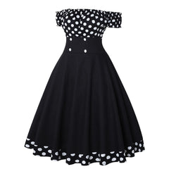 Elegant Vintage Hepburn Dress Women Black Red Off Shoulder Sleeveless A-Line Dress Female Retro Rockabilly 50s Polka Dot Dress