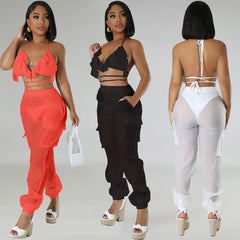Casual Women 3 Piece Set Sheer Mesh Party Night Solid Color Sportsuit Matching Set Streetwear Clothes For Women Outfit