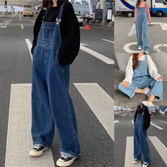 Jeasn Women Denim Overalls Y2k Korean Style Spaghetti Strap Retro Jumpsuits With Pockets Oversized Buttoned Wide Leg Playsuits