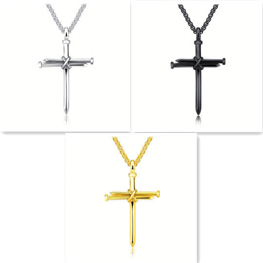 Collar con colgante de cruz de acero inoxidable con forma de clavo de hierro para hombre, cadena de caja redonda de 3 mm, regalo de joyería para hombre, color dorado y negro