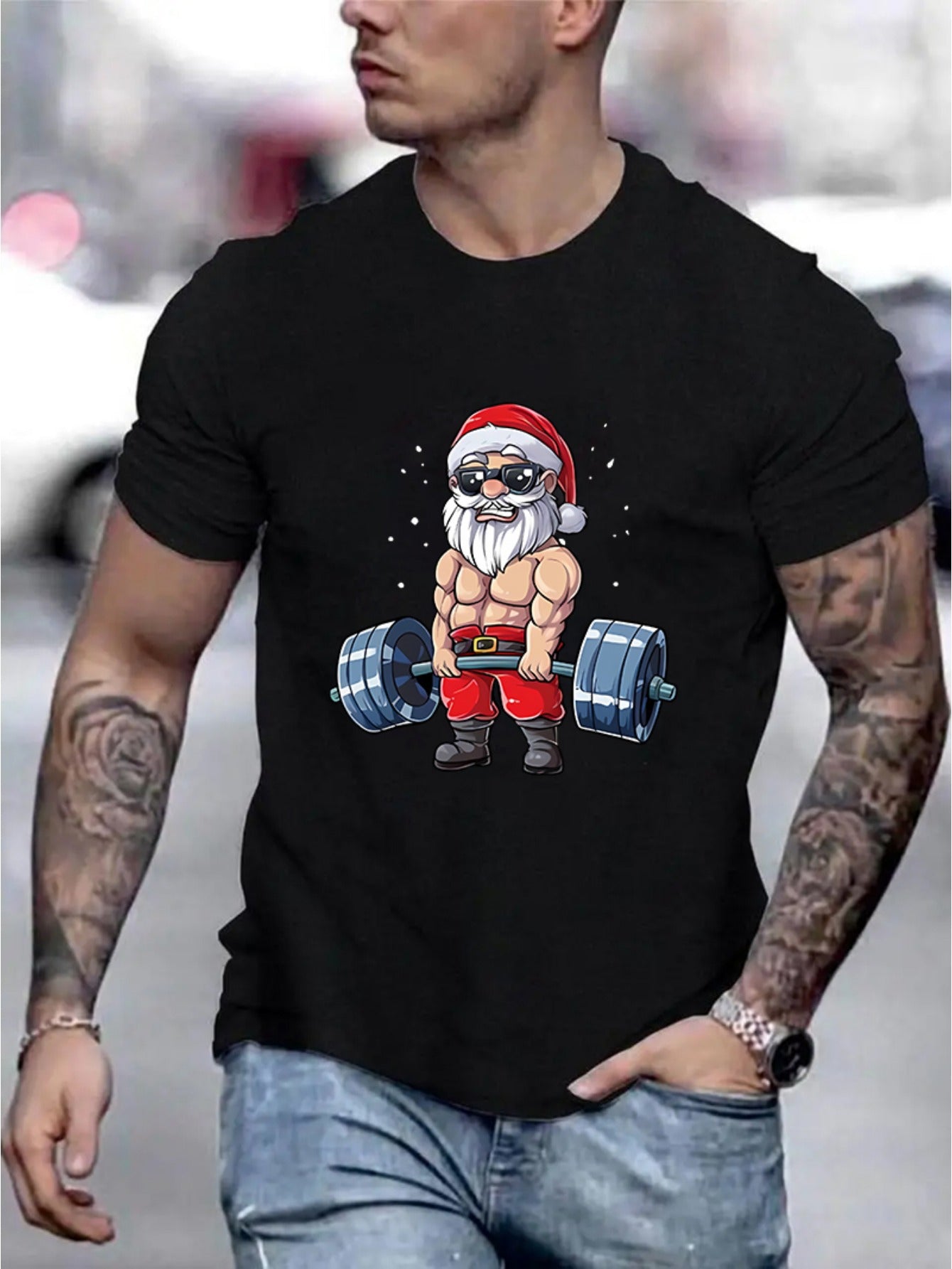 Round Neck Santa Claus And Barbell Print Men's Fashionable Summer Short Sleeved Sports T-shirt, Comfortable And Versatile