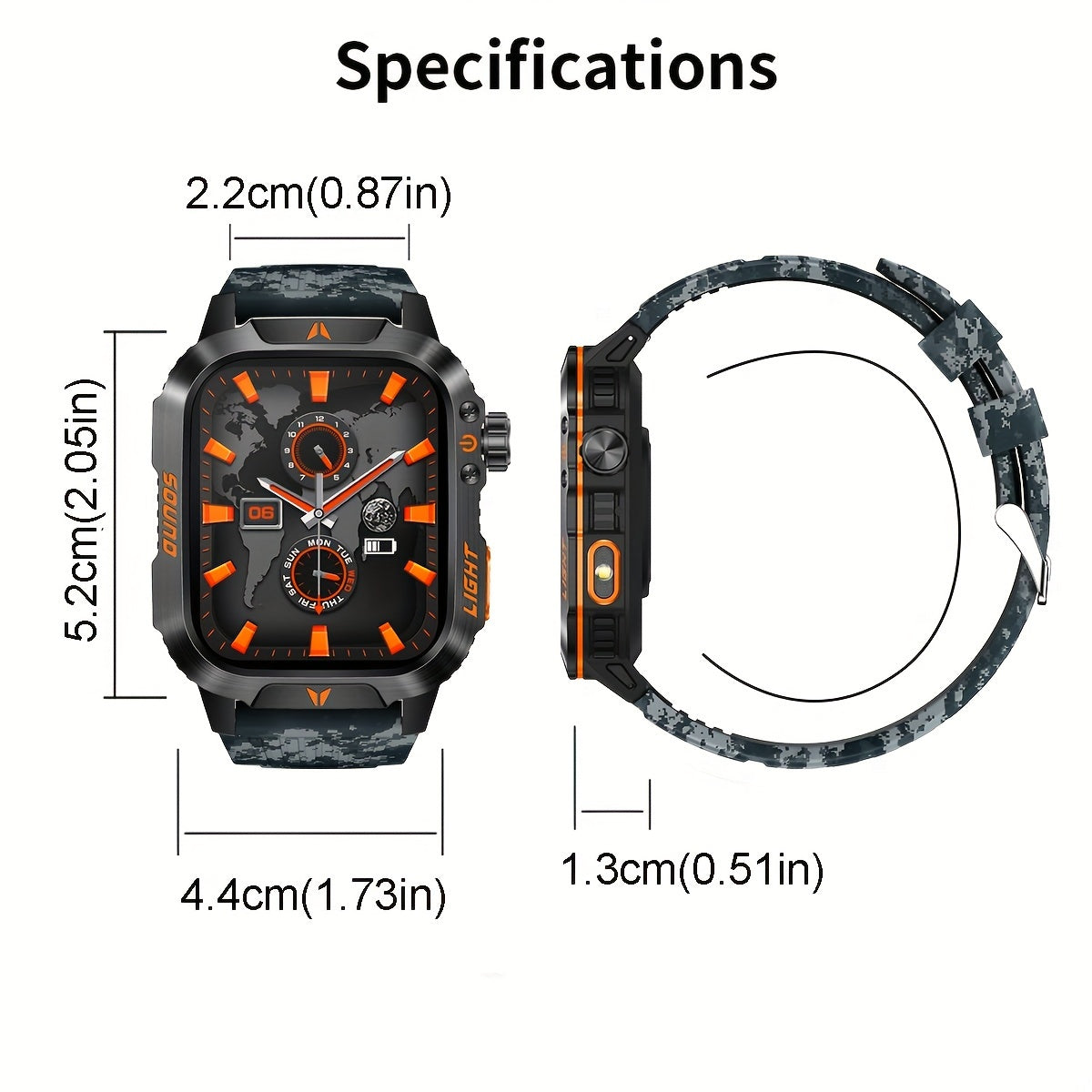 2.01 Inch Large Screen Men's Outdoor Sports Smartwatch with Flashlight, Waterproof, Fitness Tracking, Wireless Calls, Voice Assistant, and Notifications