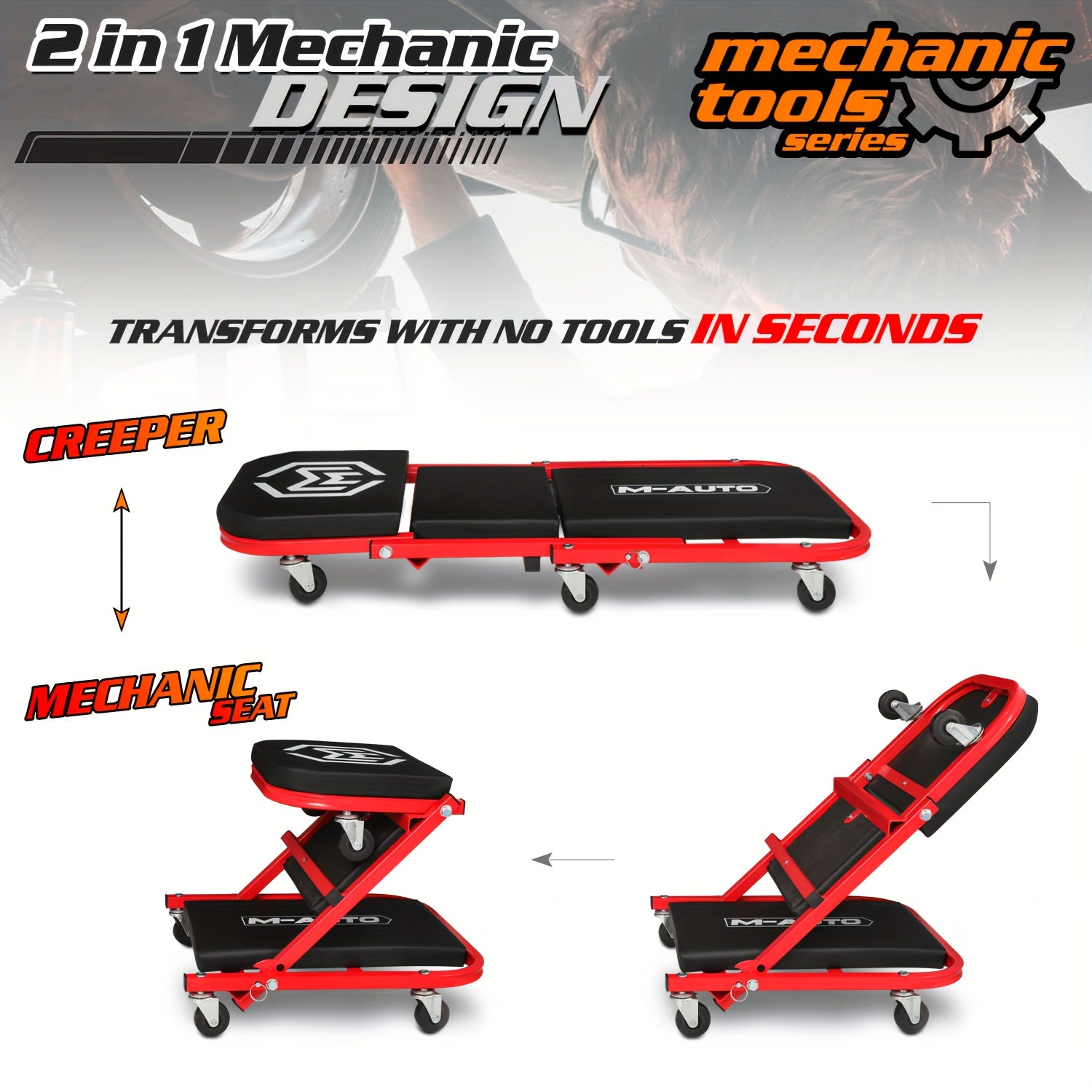 1 rolling 36-Inch 2-in-1 Rolling Folding Mechanic Creeper with Casters, 330 lbs Weight Capacity