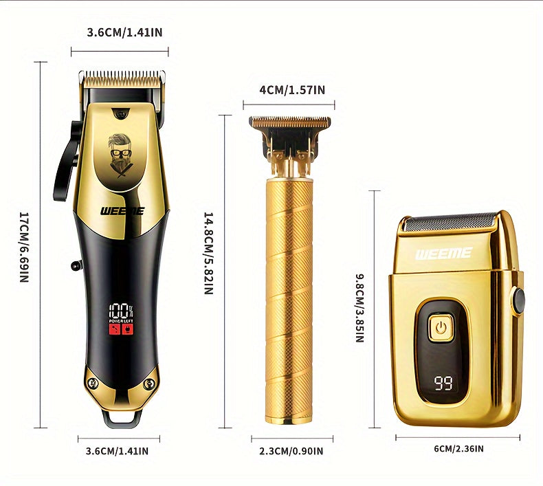 3pcs/set 8pcs 3pcs 3pcs Professional 3-Piece Golden Hair Clipper & Trimmer Set with USB Rechargeable, LCD Display, Electric Shaver, T-Blade, Limit Combs & Cleaning Brushes