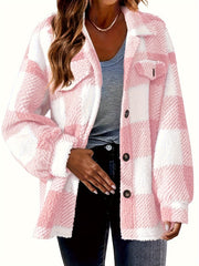 Women's Plaid Button-Front Teddy Coat, Long Sleeve Thermal Winter Outwear