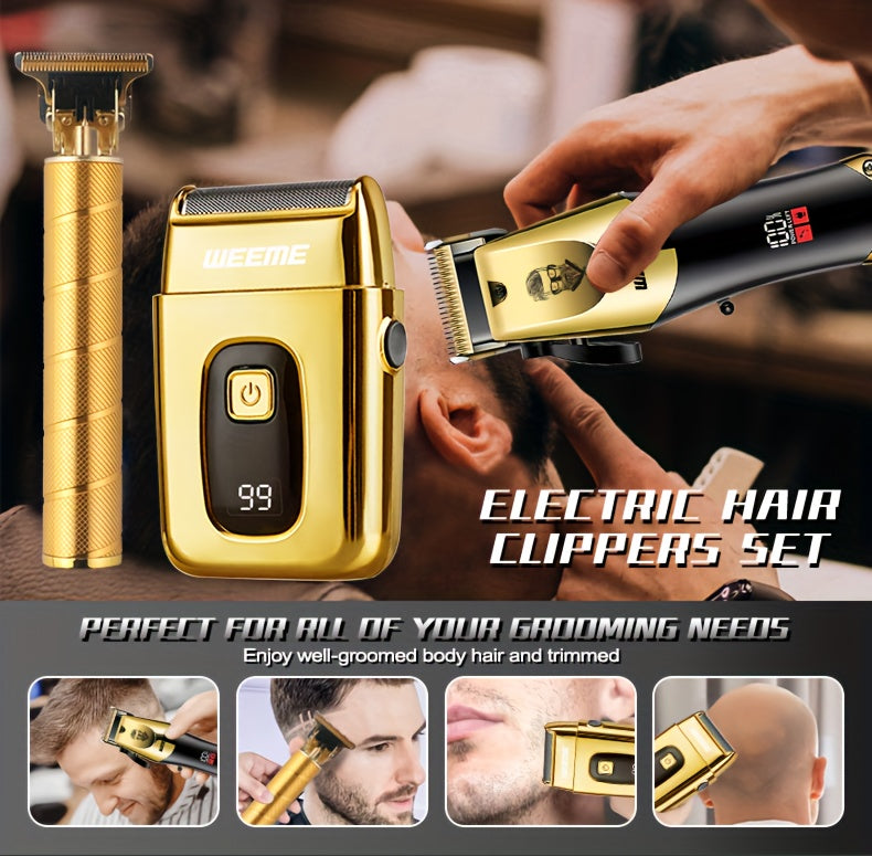 3pcs/set 8pcs 3pcs 3pcs Professional 3-Piece Golden Hair Clipper & Trimmer Set with USB Rechargeable, LCD Display, Electric Shaver, T-Blade, Limit Combs & Cleaning Brushes