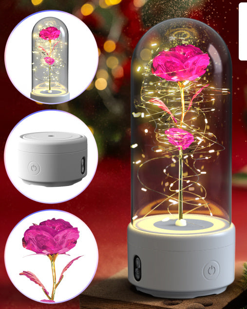 Luz LED creativa 2 en 1 con forma de rosa y altavoz Bluetooth, regalo de San Valentín, adorno de luz nocturna luminosa con forma de rosa en cubierta de vidrio