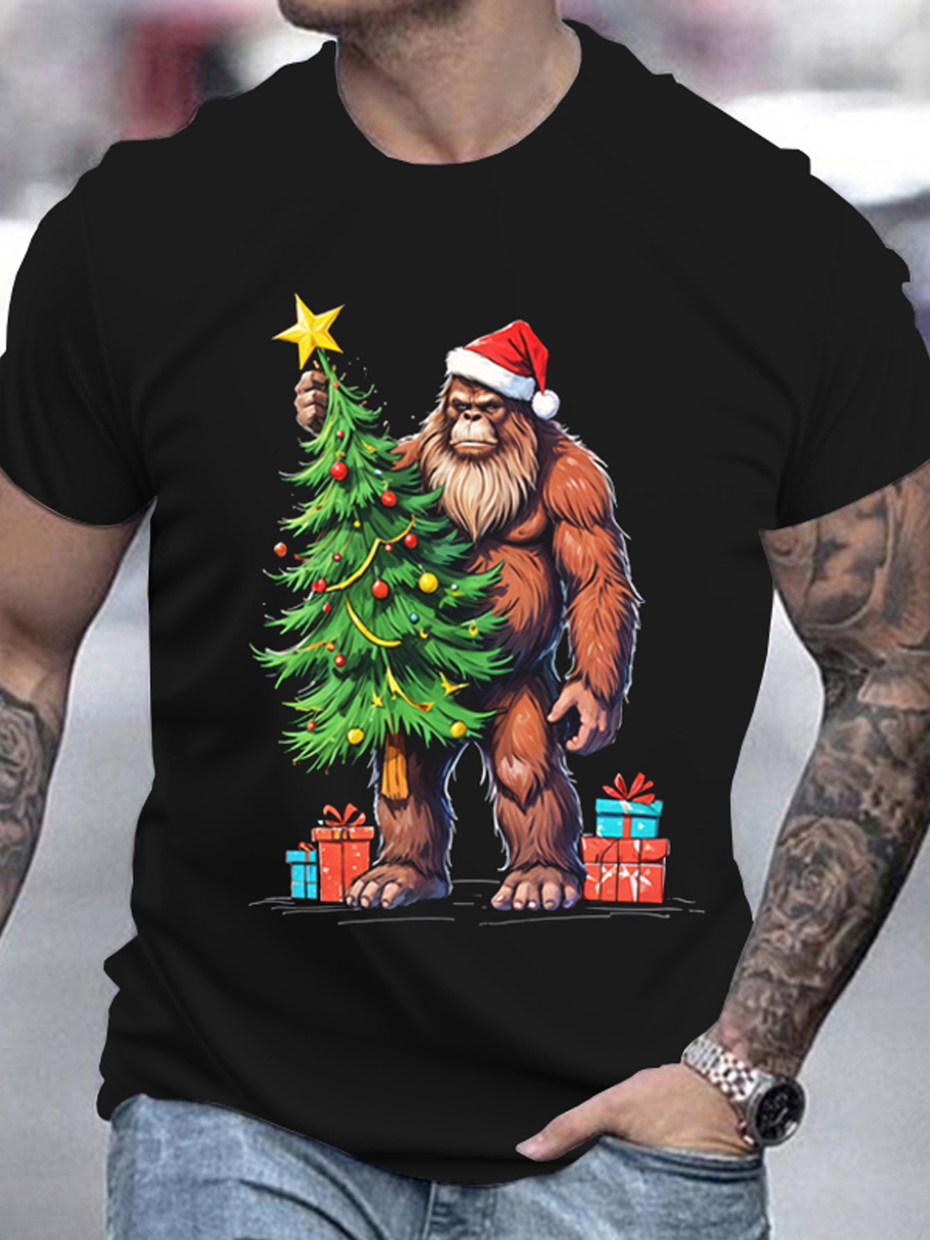 Men's Christmas Bigfoot 3D Printed T-shirt, Casual Round Neck Short Sleeve, Summer Polyester T-shirt, Fit Style, Adult Fashion, Outdoor Top