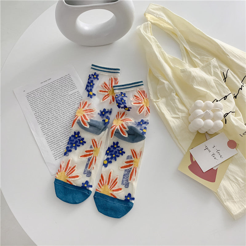 Atmungsaktive Glasseidensocken im Retro-Stil, japanische Socken in leuchtenden Farben