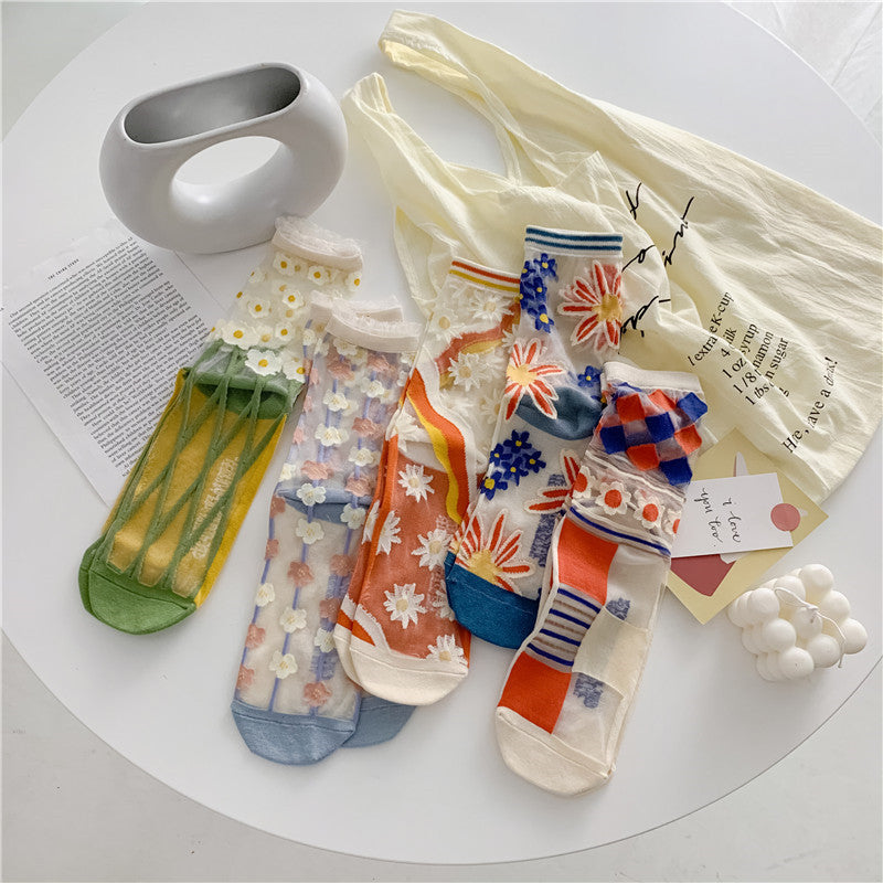 Atmungsaktive Glasseidensocken im Retro-Stil, japanische Socken in leuchtenden Farben