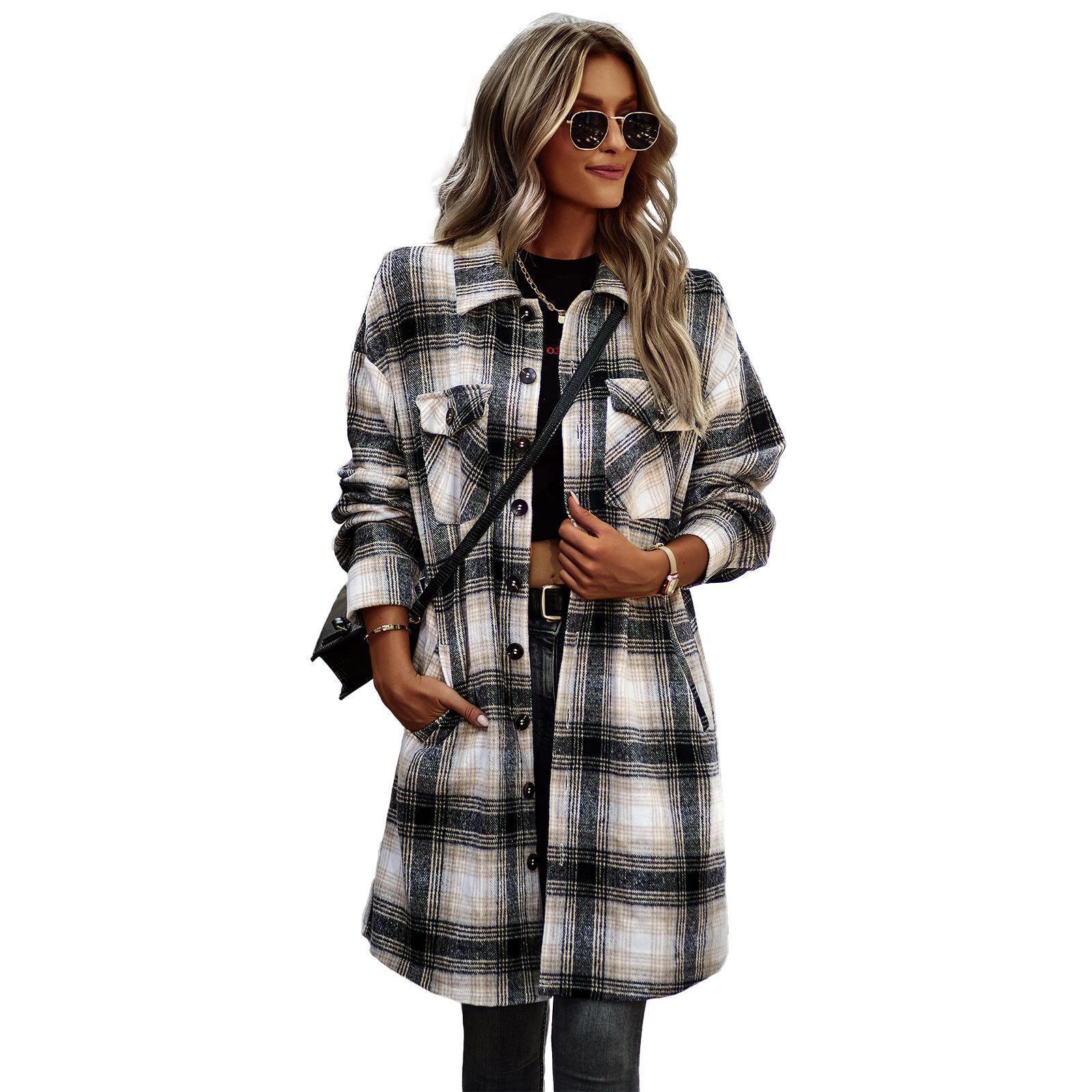 Temperament Leisure Long Plaid Tup Cardigan Coat