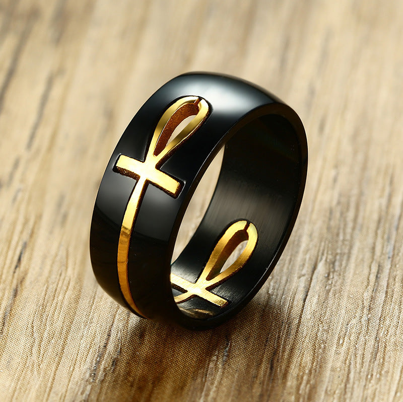 Anillo de cruz egipcia Ankh separable para hombre, personalizado, de acero inoxidable, en oro negro, con llave de la vida, para boda, joyería masculina 