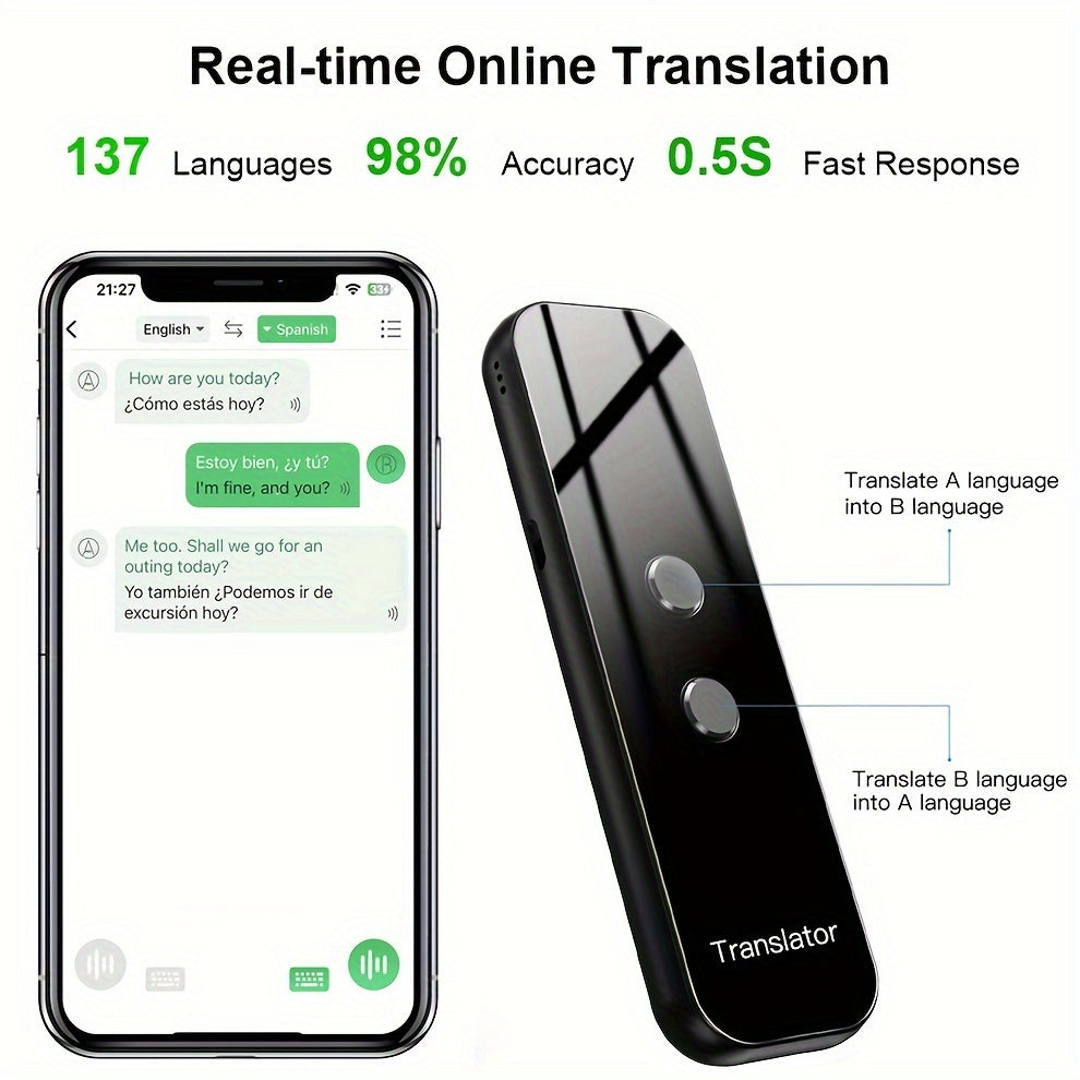 Portable Two-Way Language Translator with App Support for 137 Languages, High Accuracy for Travel, Business, and Learning