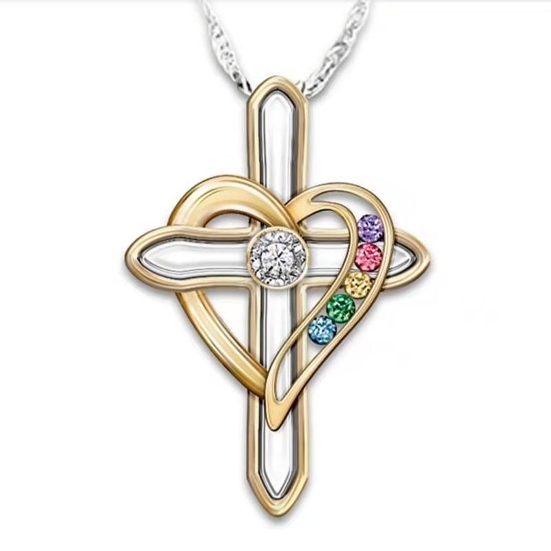 Cross Love Colorful Imitatio Gemstone Pendant Alloy Clavicle Chain