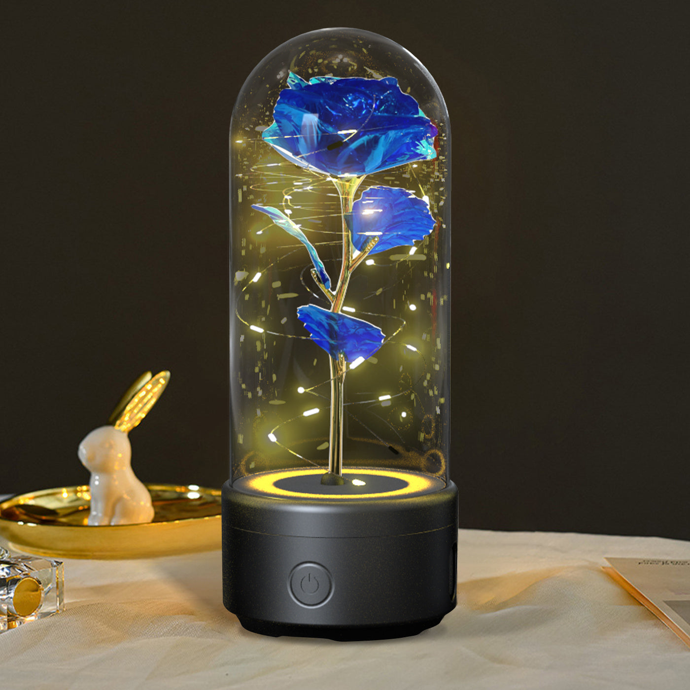 Luz LED creativa 2 en 1 con forma de rosa y altavoz Bluetooth, regalo de San Valentín, adorno de luz nocturna luminosa con forma de rosa en cubierta de vidrio