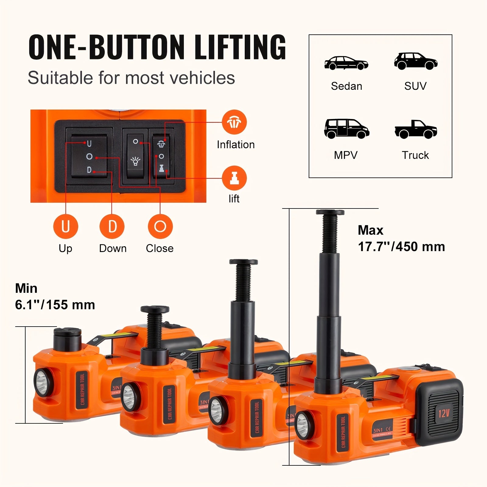 VEVOR Electric Car Jack, 5 Ton/11023 LBS Hydraulic Jack Lift With Electric Impact Wrench, Built-in Inflatable Pump, And LED Light For SUV MPV Sedan Truck Change Tires Garage Repair