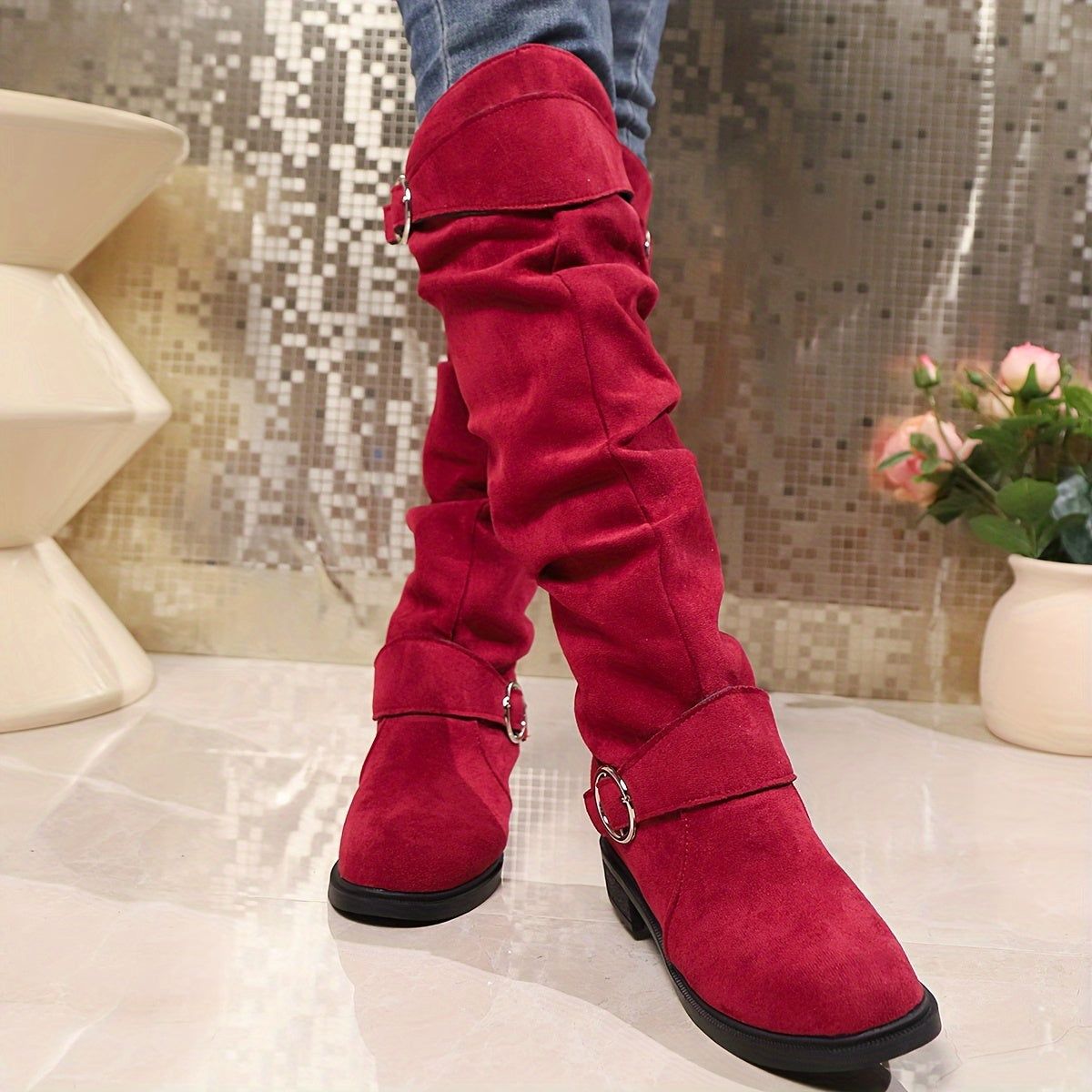 Women's Solid Color Trendy Boots, Buckle Belt Pull On Chunky Heel High Knee Boots, Winter Round Toe Slouchy Boots