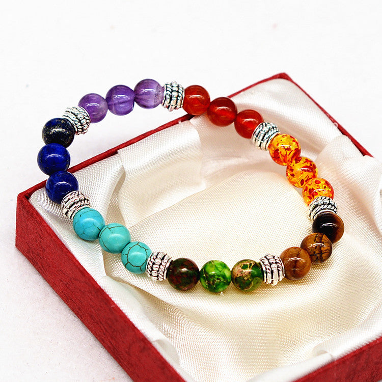 Pulsera de yoga de siete chakras con cristal colorido de tigre y ágata de piedra natural de plata antigua de Reiki