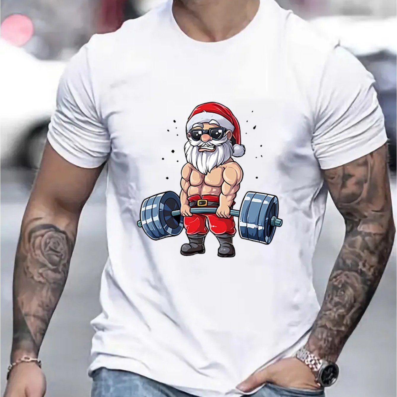 Round Neck Santa Claus And Barbell Print Men's Fashionable Summer Short Sleeved Sports T-shirt, Comfortable And Versatile