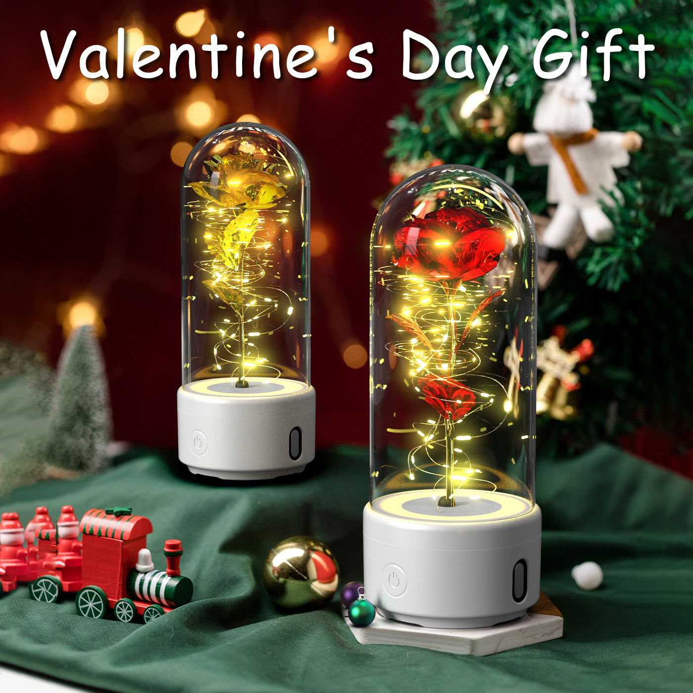 Luz LED creativa 2 en 1 con forma de rosa y altavoz Bluetooth, regalo de San Valentín, adorno de luz nocturna luminosa con forma de rosa en cubierta de vidrio