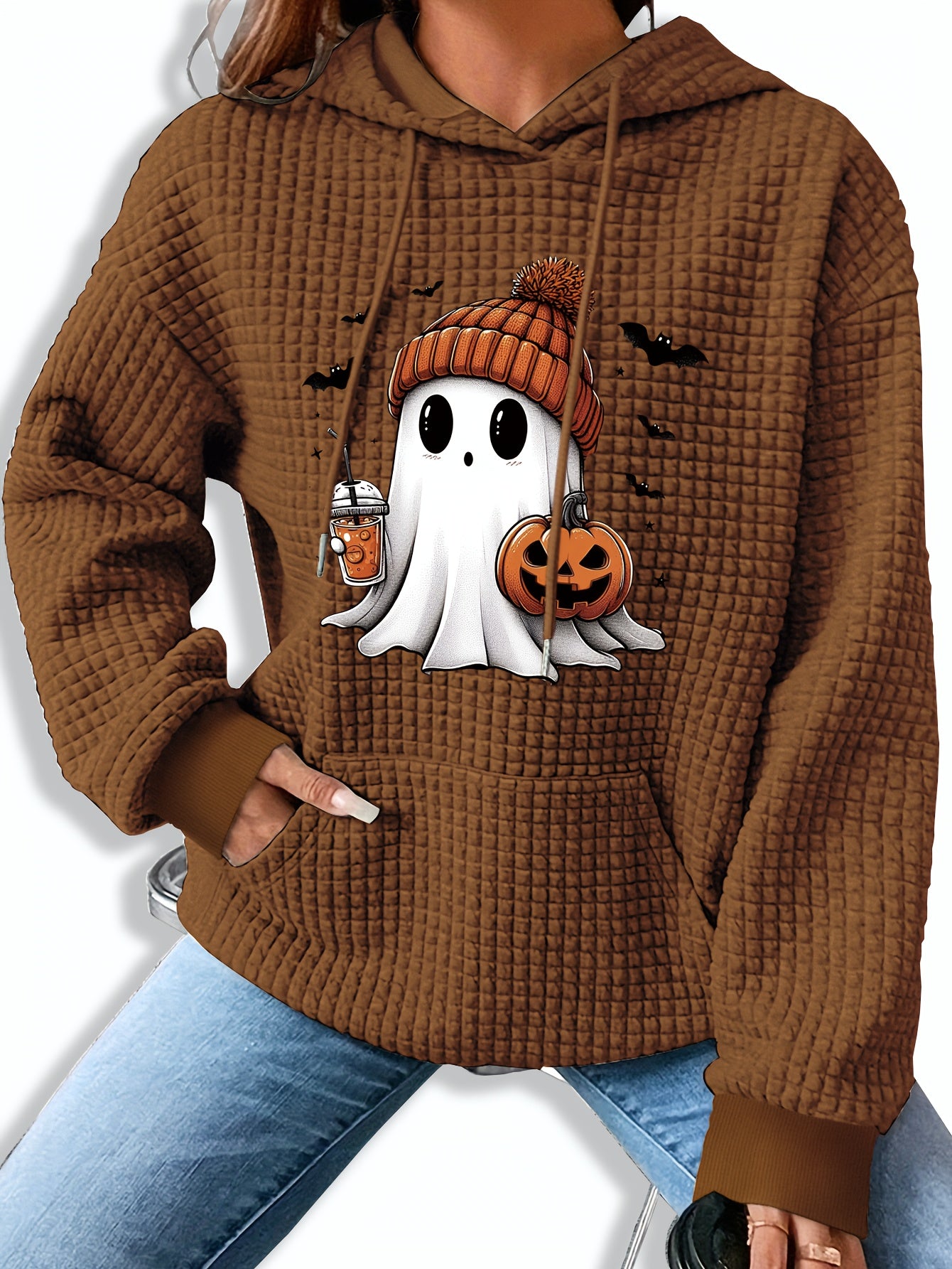 Halloween-Themed Casual Waffle Knit Hoodie with Pumpkin and Bat Design, Long Sleeve Drawstring Pullover with Hood, 95% Polyester 5% Spandex Blend, Fall/Winter Collection