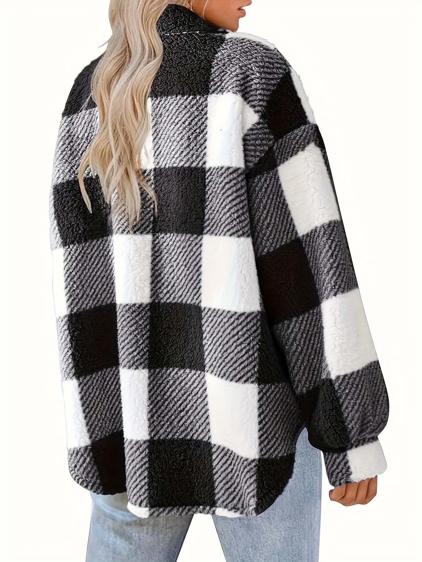 Women's Plaid Button-Front Teddy Coat, Long Sleeve Thermal Winter Outwear