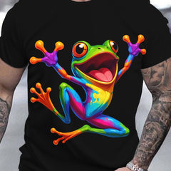 Men's Vitality Tree Frog Pattern T-shirt - Casual Round Neck Short Sleeve, Breathable Polyester Fiber Summer Top