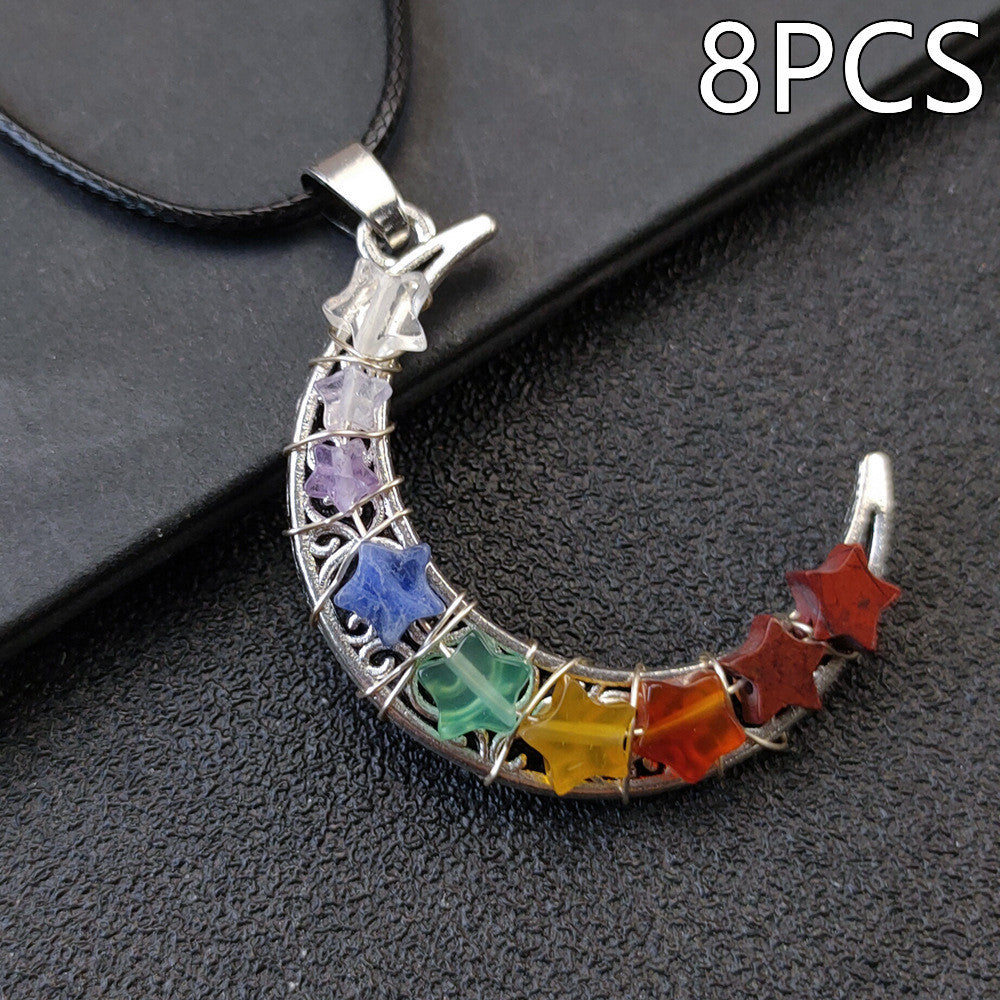 Collar con pentagrama y luna de los siete chakras y piedra de cristal