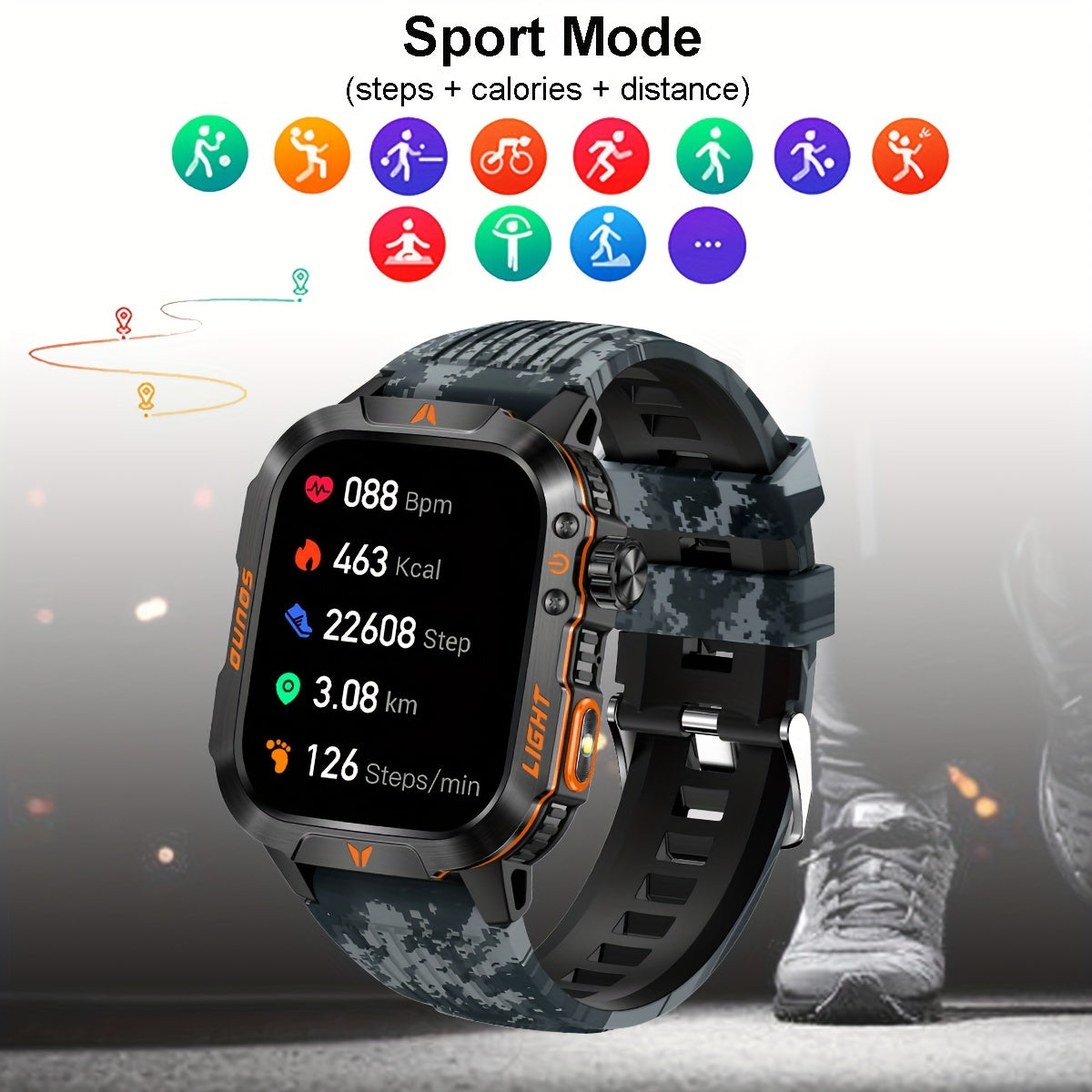 2.01 Inch Large Screen Men's Outdoor Sports Smartwatch with Flashlight, Waterproof, Fitness Tracking, Wireless Calls, Voice Assistant, and Notifications