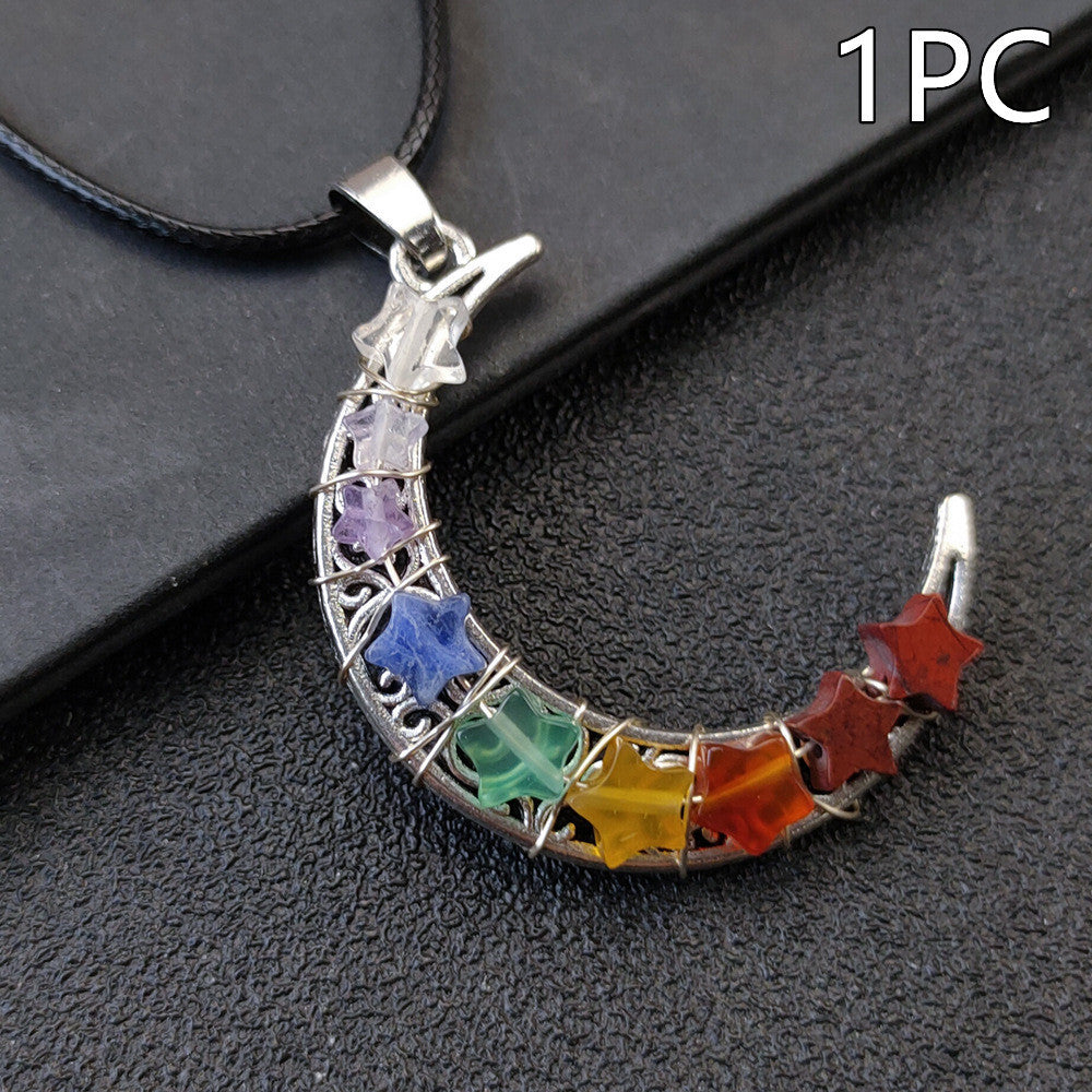 Collar con pentagrama y luna de los siete chakras y piedra de cristal