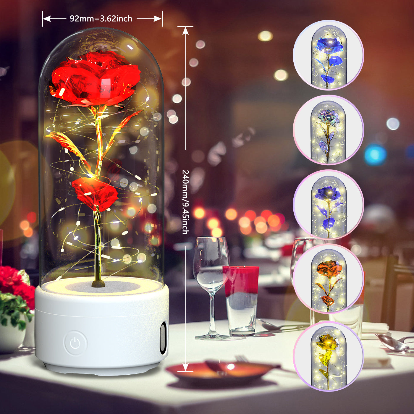 Luz LED creativa 2 en 1 con forma de rosa y altavoz Bluetooth, regalo de San Valentín, adorno de luz nocturna luminosa con forma de rosa en cubierta de vidrio