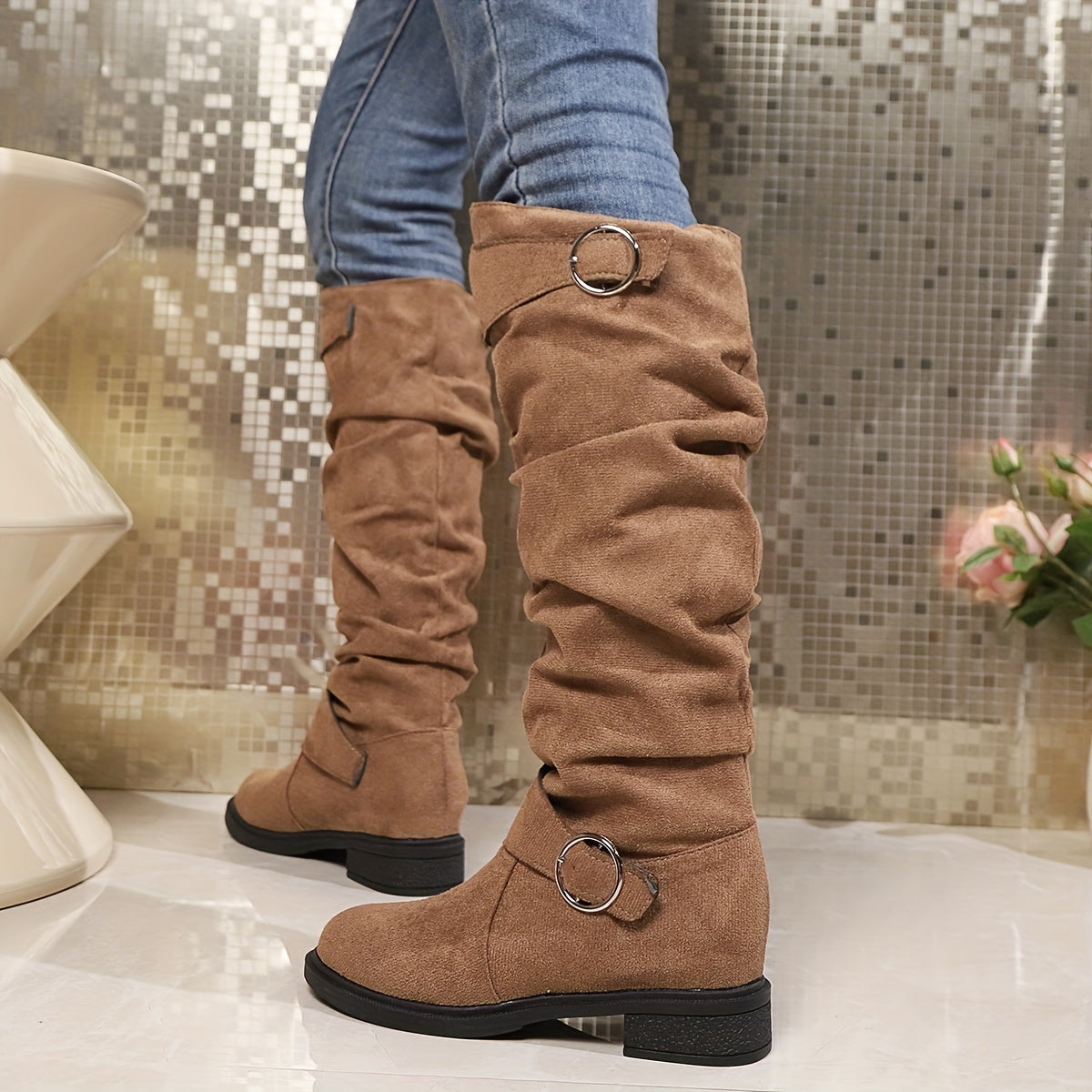 Women's Solid Color Trendy Boots, Buckle Belt Pull On Chunky Heel High Knee Boots, Winter Round Toe Slouchy Boots