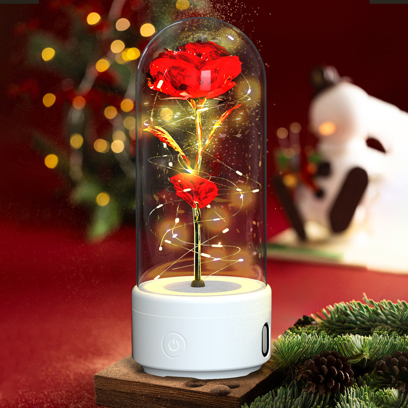 Luz LED creativa 2 en 1 con forma de rosa y altavoz Bluetooth, regalo de San Valentín, adorno de luz nocturna luminosa con forma de rosa en cubierta de vidrio