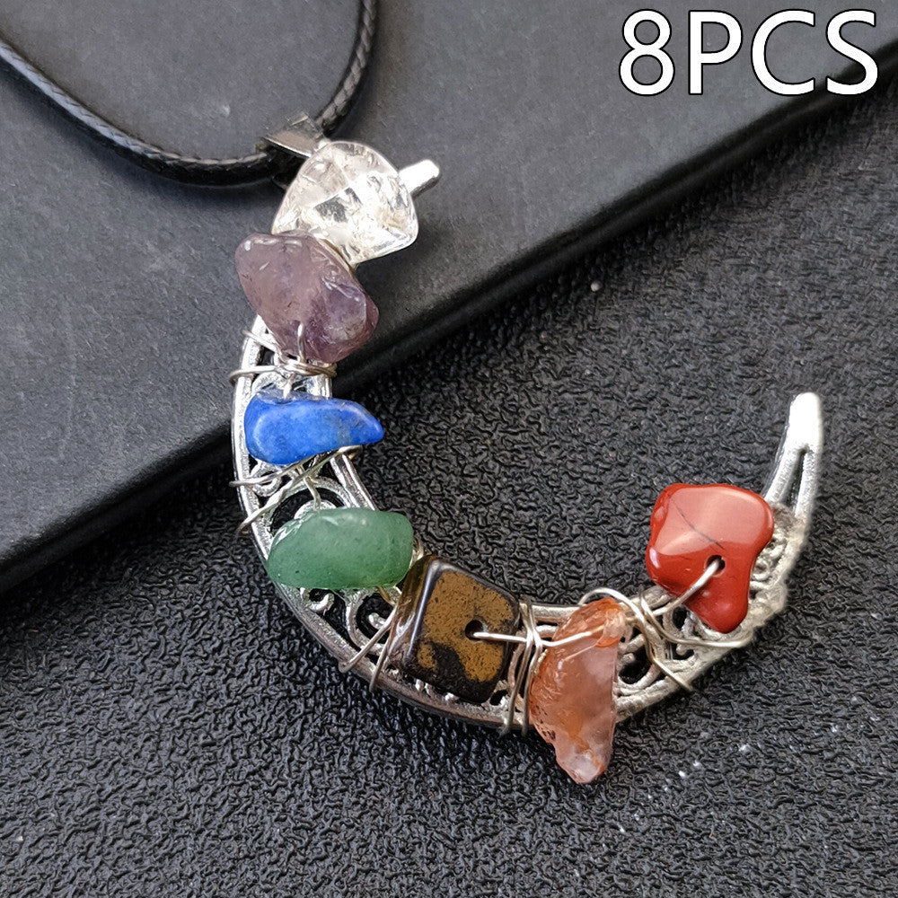 Collar con pentagrama y luna de los siete chakras y piedra de cristal