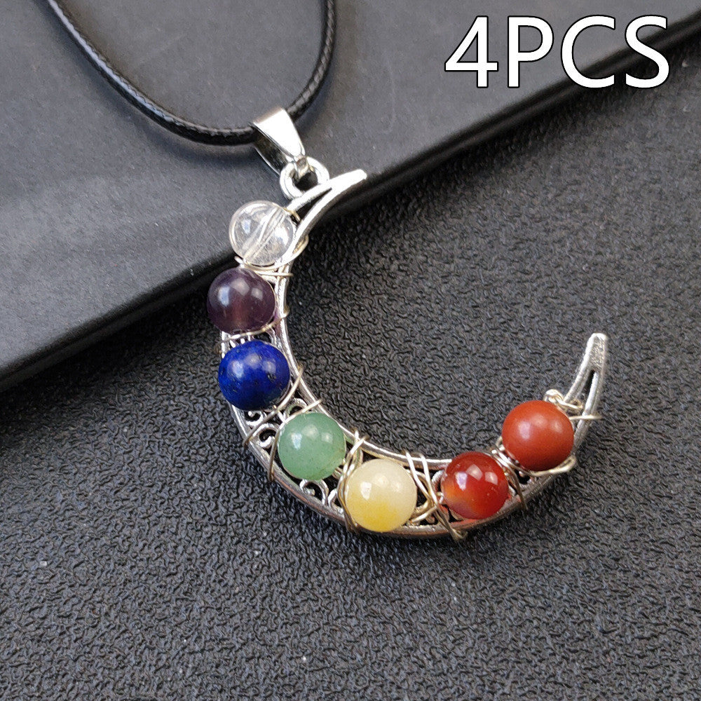 Collar con pentagrama y luna de los siete chakras y piedra de cristal