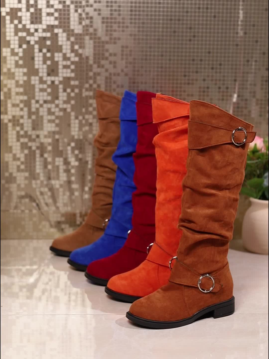 Women's Solid Color Trendy Boots, Buckle Belt Pull On Chunky Heel High Knee Boots, Winter Round Toe Slouchy Boots