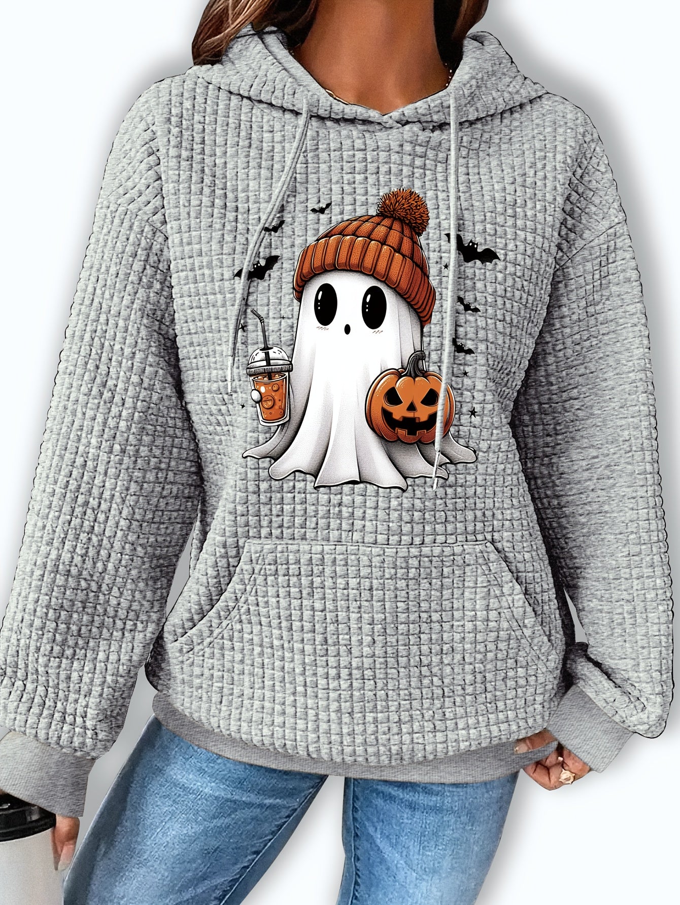 Halloween-Themed Casual Waffle Knit Hoodie with Pumpkin and Bat Design, Long Sleeve Drawstring Pullover with Hood, 95% Polyester 5% Spandex Blend, Fall/Winter Collection