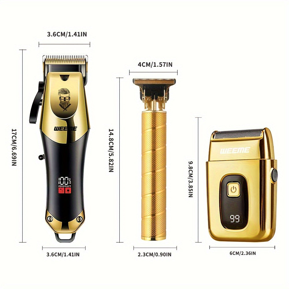 3pcs/set 8pcs 3pcs 3pcs Professional 3-Piece Golden Hair Clipper & Trimmer Set with USB Rechargeable, LCD Display, Electric Shaver, T-Blade, Limit Combs & Cleaning Brushes