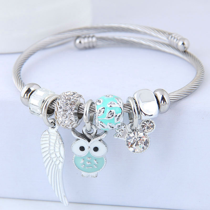 Pulsera de acero inoxidable con colgante de alas de ángel y búho con cuentas para hacer tú mismo