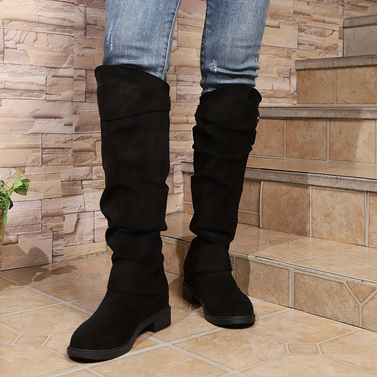 Women's Solid Color Trendy Boots, Buckle Belt Pull On Chunky Heel High Knee Boots, Winter Round Toe Slouchy Boots