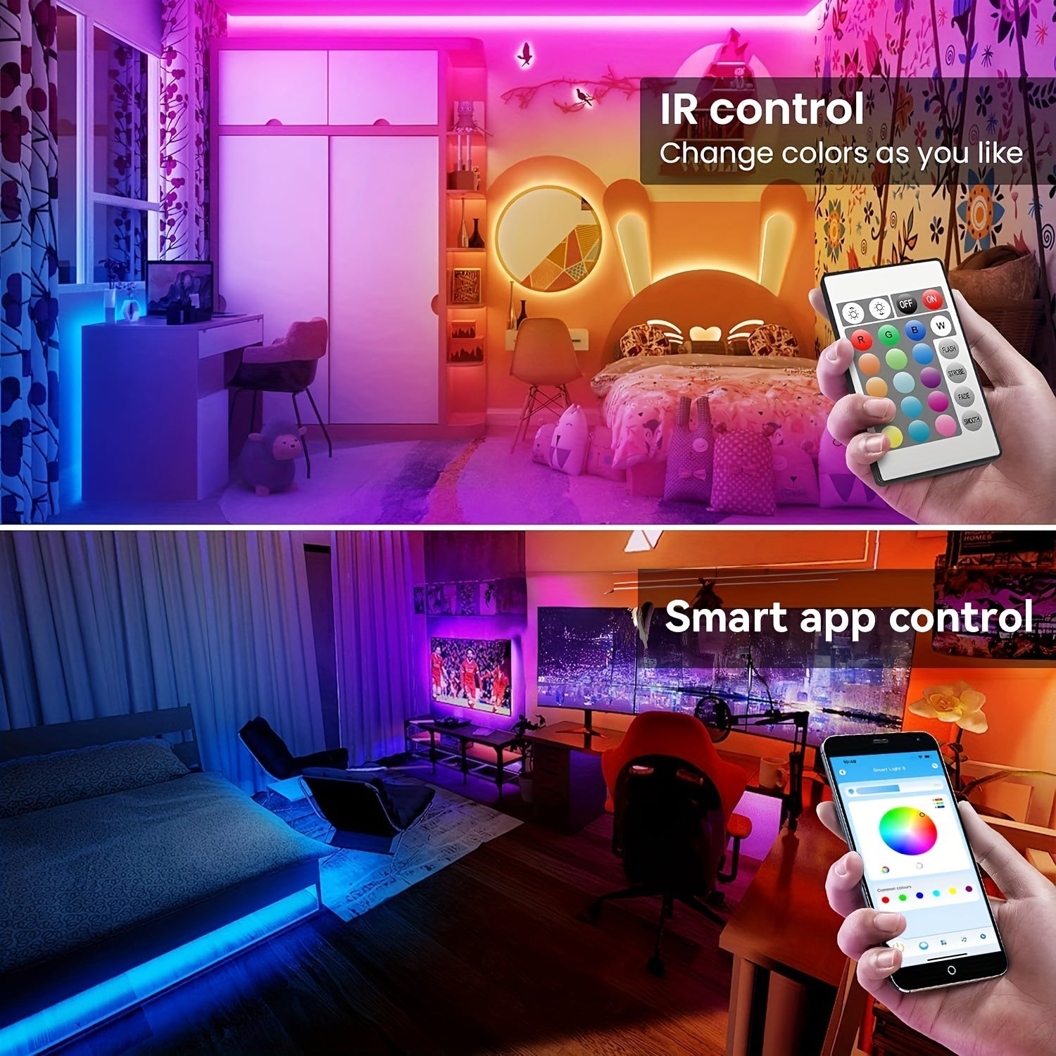 Smart RGB LED Strip Lights, 130/25/50/100ft, App Controlled, Music Sync, 24V, for Bedroom, Home Decor