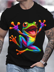 Men's Vitality Tree Frog Pattern T-shirt - Casual Round Neck Short Sleeve, Breathable Polyester Fiber Summer Top